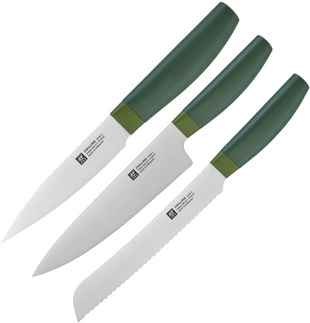 HENCKELS ZWILLING Three Piece Green Set 8in Serrated Bread Blade/ 8in Chef's Blade/ 4in Paring Blade Green Polypropylene Handle - Henckels Zwilling