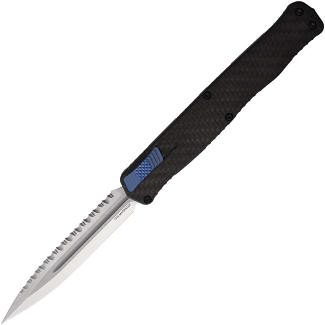 Heretic Knives Cleric II OTF CF/Blue Automatic Folding Knife 4.25in Stonewash Double Edge CPM MagnaCut Stainless Blade Carbon Fiber Handle - Heretic Knives