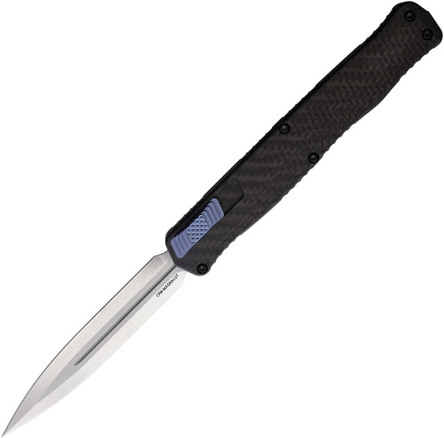 Heretic Knives Cleric II OTF CF/Blue Automatic Folding Knife 4.25in Stonewash Double Edge CPM MagnaCut Stainless Blade Serrated Top Edge Carbon Fiber - Heretic Knives