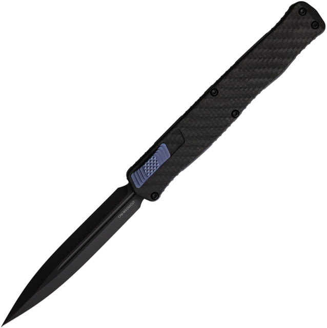 Heretic Knives Cleric II OTF CF/Blue Automatic Folding Knife 4.25in Black Oxide Coated Double Edge CPM MagnaCut Stainless Blade Carbon Fiber Handle - Heretic Knives