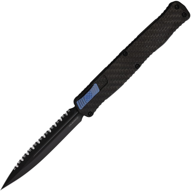 Heretic Knives Cleric II OTF CF/Blue Automatic Folding Knife 4.25in Black Oxide Coated Double Edge CPM MagnaCut Stainless Blade Serrated Top Edge - Heretic Knives