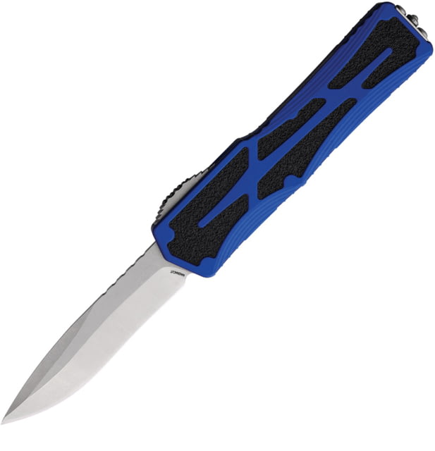 Heretic Knives Colossus OTF Automatic Folding Knife 3.5in Stonewash CPM MagnaCut Stainless Blade Recurve Blade Blue Aluminum Handle - Heretic Knives