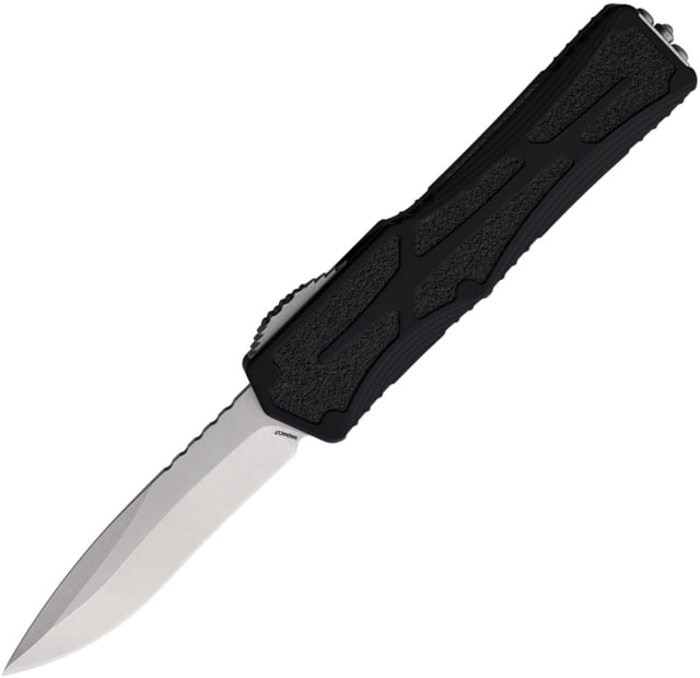 Heretic Knives Colossus OTF Automatic Folding Knife 3.5in Stonewash CPM MagnaCut Stainless Blade Recurve Blade Black Aluminum Handle - Heretic Knives