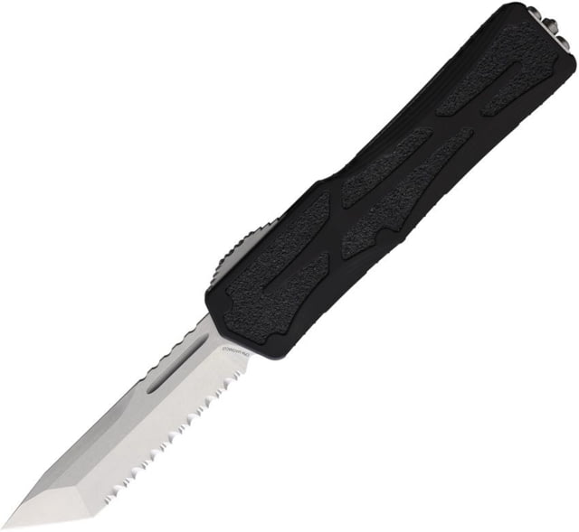 Heretic Knives Auto Colossus OTF Automatic Folding Knives 3.5in Stonewash Finish CPM MagnaCut Stainless Blade Full Serrated Tanto Black Aluminum - Heretic Knives