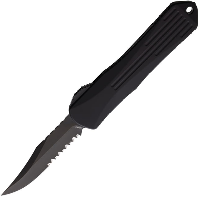 Heretic Knives Auto Manticore E OTF Automatic Folding Knives 3in Black DLC Coated Partially Serrated Elmax Steel Bowie Blade Black Anodized Aluminum - Heretic Knives