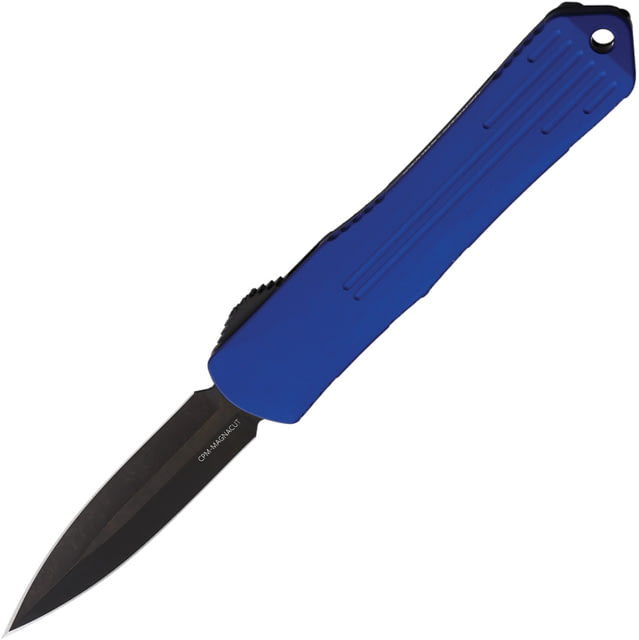 Heretic Knives Auto Manticore S OTF Automatic Folding Knives 2.63in Black DLC Coated Double Edge CPM MagnaCut Stainless Blade Blue Anodized Aluminum - Heretic Knives