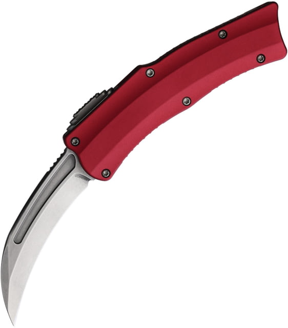 Heretic Knives ROC Red OTF Automatic Folding Knife 4.63in Closed 3.13in Stonewash CPM Magnacut Stainless Hawkbill Blade Red Aluminum Handle - Heretic Knives