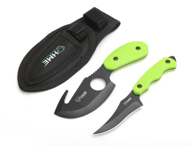 HME 2 Pc Skinning Gut/Cape Knife Kit3.5in Black Oxide 420HC Steel BladeYellow Handle