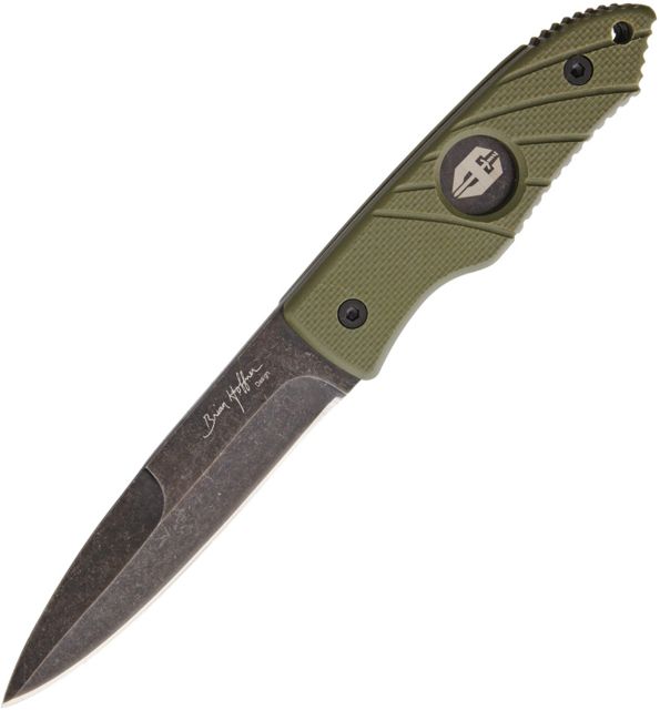 Hoffner Knives Hand Spear Standard Edge Olive Fixed Blade Knife 4.88in 440C Steel Spear Point Black Stonewash OD Green G10 Handle - Hoffner Knives