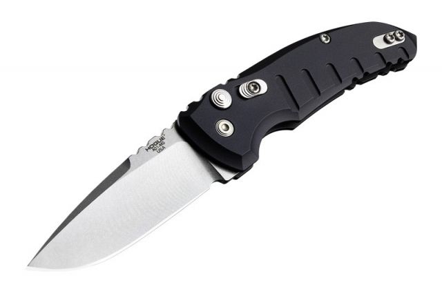 Hogue A01-Microswitch 2.75in Drop Point Blade Tumble Finish Alum Frame Matte Black - Hogue