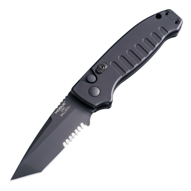 Hogue Ballista I Automatic Folding Knife 3.5in 154CM Stainless Steel Tanto Blade Partially Serrated Black Cerakote Finish Matte Black Aluminum Handle - Hogue
