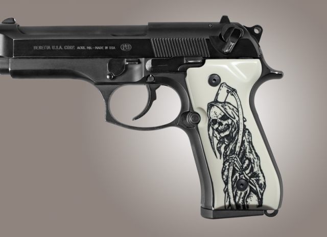 Hogue Beretta 92 Scrimshaw Ivory Polymer - Grim Reaper Full Body X2 - Hogue