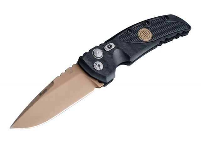 Hogue EX-A01 Sig Emperor Scorpion Automatic Folding Knife 3.5in 154CM Stainless Steel Drop Point Blade FDE PVD G-10 Frame Solid Black FDE Sig - Hogue