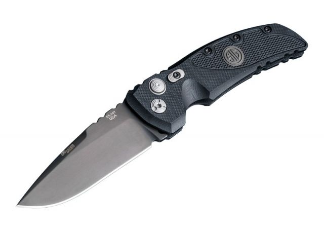 Hogue EX-A01 Sig Tactical Automatic Folding Knife 3.5in 154CM Stainless Steel Drop Point Blade Grey PVD G-10 Frame Solid Black Black Sig Medallion - Hogue