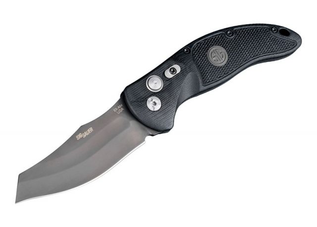 Hogue EX-A04 Sig Tactical Automatic Folding Knife 3.5in Wharncliffe Blade Grey PVD G-10 Frame Solid Black/Black Sig Medallion - Hogue
