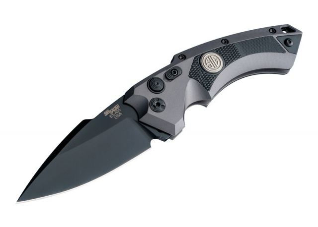 Hogue EX-A05 Sig Tactical Automatic Folding Knife 3.5in Spear Point Blade Black Finish Grey Aluminum/Black G10 Frame - Hogue