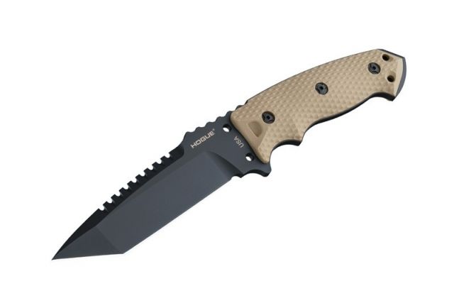 Hogue EX-F01 5.5in Fixed Tanto A-2 Steel Blade w/Black Automatic Retention Sheath Black Finish G10 Flat Dark Earth Scales - Hogue