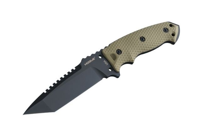 Hogue EX-F01 5.5in Fixed Tanto A-2 Steel Blade w/Black Automatic Retention Sheath Black Finish G10 Olive Drab Green Scales - Hogue