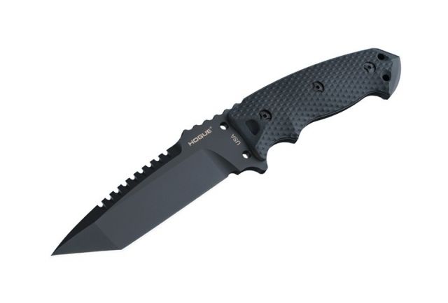 Hogue EX-F01 5.5in Fixed Tanto A-2 Steel Blade w/Black Automatic Retention Sheath Black Finish G10 Solid Black Scales