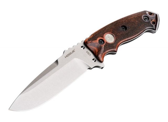 Hogue EX-F01 5.5in Sig Fixed Drop Point Blade A-2 Bead Blast Clear Finish Black Sheath Reinforced Rosewood Scales Sig Medallion - Hogue