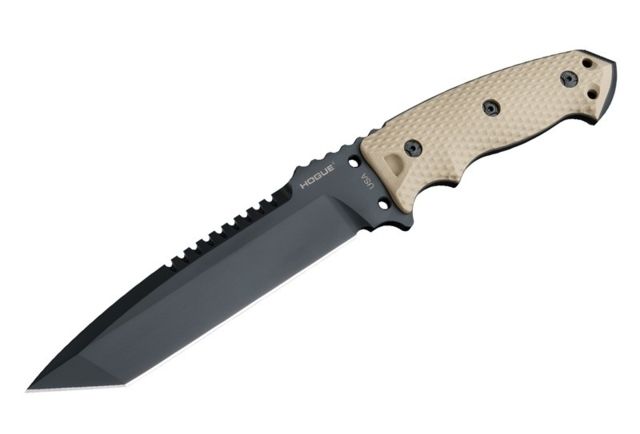 Hogue EX-F01 7in Fixed Tanto A-2 Steel Blade w/Black Automatic Retention Sheath Black Finish G10 Flat Dark Earth Scales - Hogue