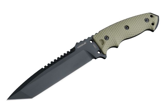 Hogue EX-F01 7in Fixed Tanto A-2 Steel Blade w/Black Automatic Retention Sheath Black Finish G10 Olive Drab Green Scales - Hogue