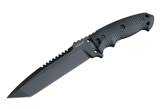 Hogue EX-F01 7in Fixed Tanto A-2 Steel Blade w/Black Automatic Retention Sheath Black Finish G10 Solid Black Scales - Hogue