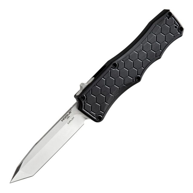 Hogue Exploit Automatic Folding Knife 3.5in CPM S30V Stainless Steel Tanto Blade Stone Tumbled Matte Black Aluminum Handle - Hogue