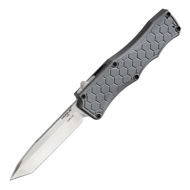 Hogue Exploit Automatic Folding Knife 3.5in CPM S30V Stainless Steel Tanto Blade Stone Tumbled Matte Grey Aluminum Handle - Hogue