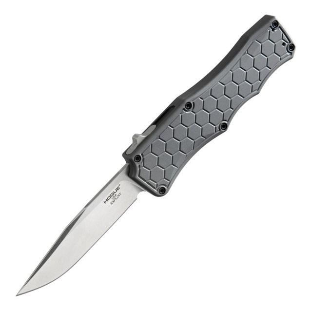 Hogue Exploit Automatic Folding Knife 3.5in CPM S30V Stainless Steel Clip Point Blade Stone Tumbled Matte Grey Aluminum Handle - Hogue
