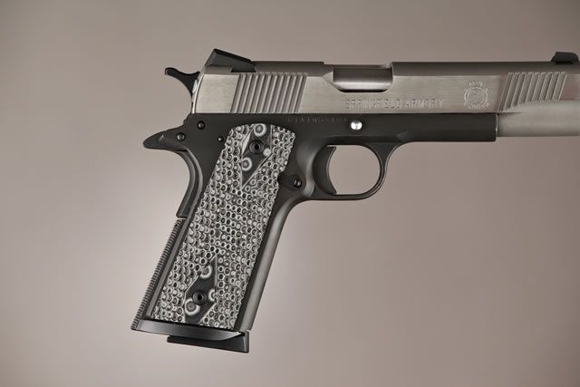 US Hogue Govt. Model S&A Mag Well Piranha Grip G-10 - G-Mascus Black/Gray 45127-BLKGRY Tech Data