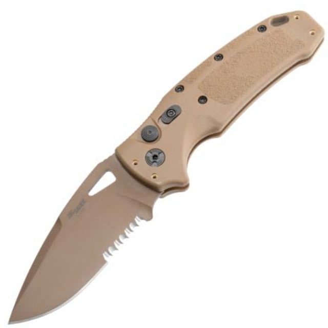 Hogue Sig K320A Automatic Folding Knife 3.5in CPM S30V Stainless Drop Point Blade Partially Serrated Coyote PVD Coyote Tan Polymer Handle - Hogue