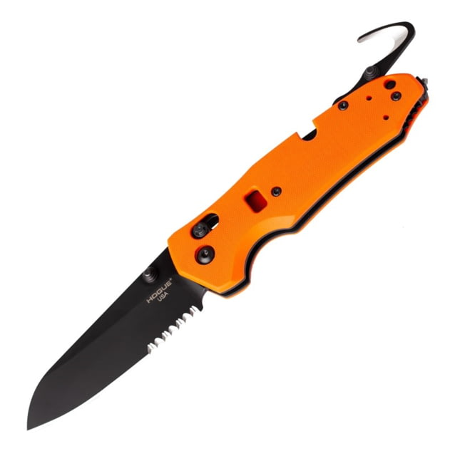 Hogue Trauma First Response Tool Automatic Folding Knife 3.4in Bohler N680 Stainless Sheepsfoot Blade Partially Serrated Black Cerakote Orange G10