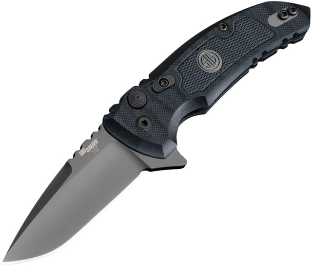 Hogue X-1 Microflip Button Lock Folding Knife 2.75in gray Cerakote finish CPM-154 stainless drop point blade Black textured G10 handle - Hogue