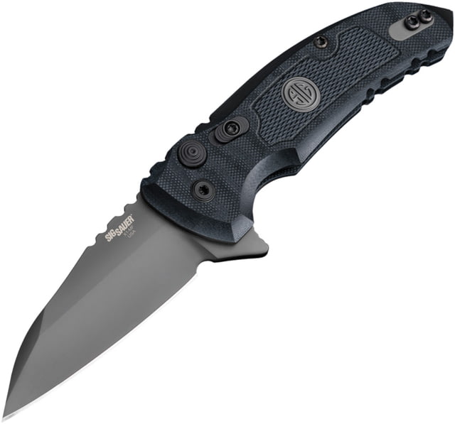 Hogue X-1 Microflip Button Lock Folding Knife 2.75in gray Cerakote finish CPM-154 stainless Wharncliffe blade Black textured G10 handle - Hogue