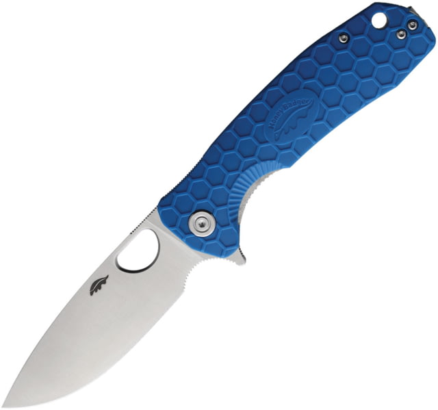 Honey Badger Knives Large Linerlock Folding Knife 3.63" satin finish 8Cr13MoV stainless drop point b Blue textured GRN handle - Honey Badger Knives