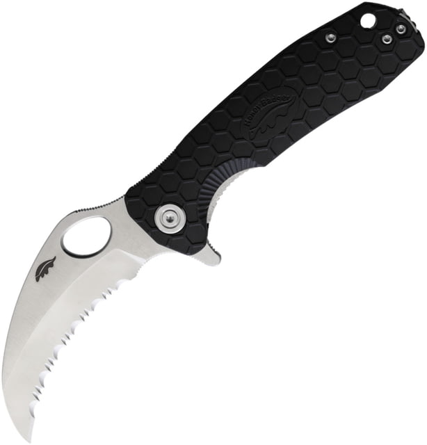 Honey Badger Knives Medium Claw Linerlock Folding Knife 3" satin finish serrated 8Cr13MoV stainless blade Black textured GRN handle - Honey Badger Knives