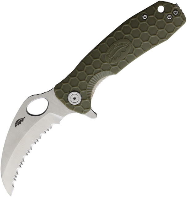 Honey Badger Knives Medium Claw Linerlock Folding Knife 3" satin finish serrated 8Cr13MoV stainless blade Green textured GRN handle - Honey Badger Knives