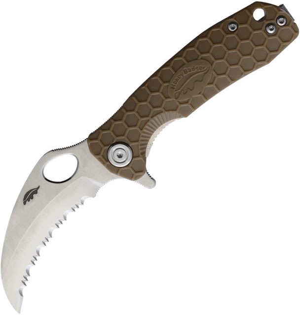 Honey Badger Knives Small Claw Linerlock Folding Knife 2.75" satin finish serrated 8Cr13MoV stainless bla Tan textured GRN handle - Honey Badger Knives
