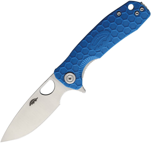 Honey Badger Knives Small Linerlock Folding Knife 2.75" satin finish 8Cr13MoV stainless drop point b Blue textured GRN handle - Honey Badger Knives