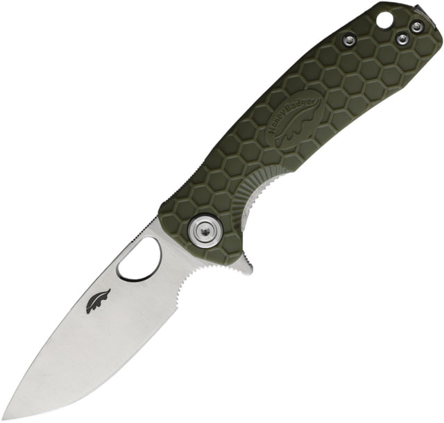 Honey Badger Knives Small Linerlock Folding Knife 2.75" satin finish 8Cr13MoV stainless drop point b Green textured GRN handle - Honey Badger Knives