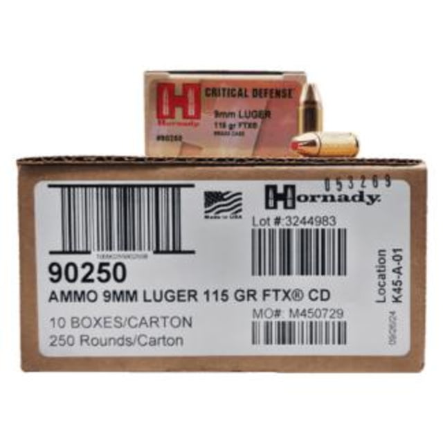 Hornady Mfg Hornady Critical Defense FTX Handgun Ammunition 9mm Luger 115gr PT 1140 fps 250/ct Case 10-25/ct Boxes  CASE