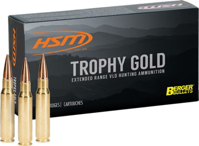 HSM Ammunition Trophy Gold .264 Winchester Magnum 130 Grain Jacketed Hollow Point Berger VLD Brass Cased Centerfire Rifle Ammo 20 Rounds