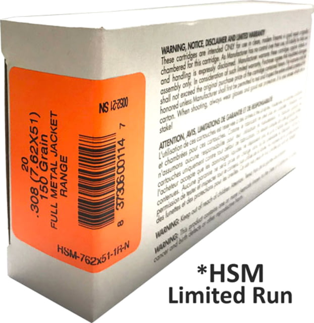 Hsm Ammunition 7.62x51mm NATO 150 Grain Full Metal Jacket Boat-Tail Steel Cased Centerfire Rifle Ammo 20 Rounds - Hsm Ammunition