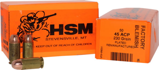 Ammunition Hsm Rmfg .45acp 230gr. Plated Lead Round Nose 50-pack Ammo
