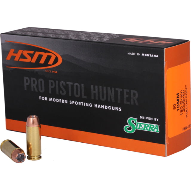 HSM Ammunition Pro Hunter 10mm Auto 180 Grain Jacketed Hollow Point Brass Cased Centerfire Pistol Ammo 50 Rounds - Hsm Ammunition