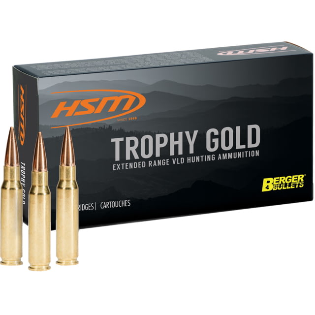 HSM Ammunition Trophy Gold .338 Winchester Magnum 250 Grain Berger VLD Brass Cased Centerfire Rifle Ammo 20 Rounds - Hsm Ammunition