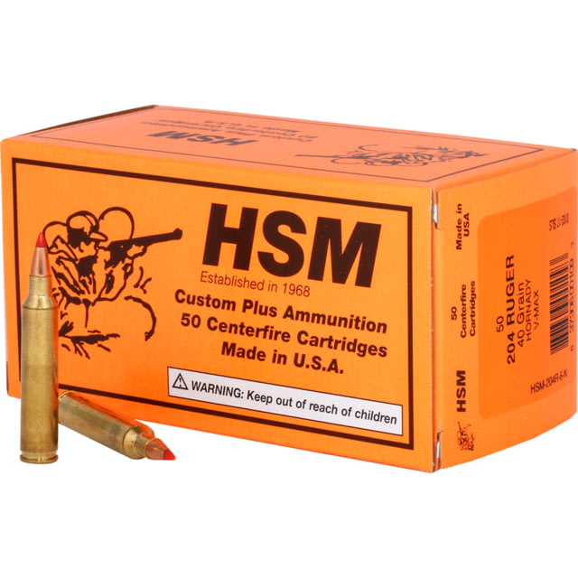  Ammunition Varmint .204 Ruger 40 Grain Hornady V-MAX Brass Cased Centerfire Rifle 50 Rounds Ammo