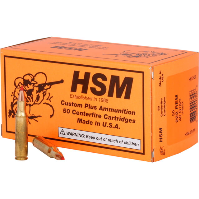 HSM Ammunition Varmint .222 Remington 40 Grain Hornady V-MAX Brass Cased Centerfire Rifle Ammo 50 Rounds Ammunition Varmint .222 Remington 40 Grain Hornady V-MAX Brass Cased Centerfire Rifle 50 Rounds Ammo