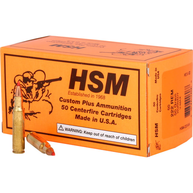 HSM Ammunition Varmint .222 Remington 50 Grain Hornady V-MAX Brass Cased Centerfire Rifle Ammo 50 Rounds - Hsm Ammunition